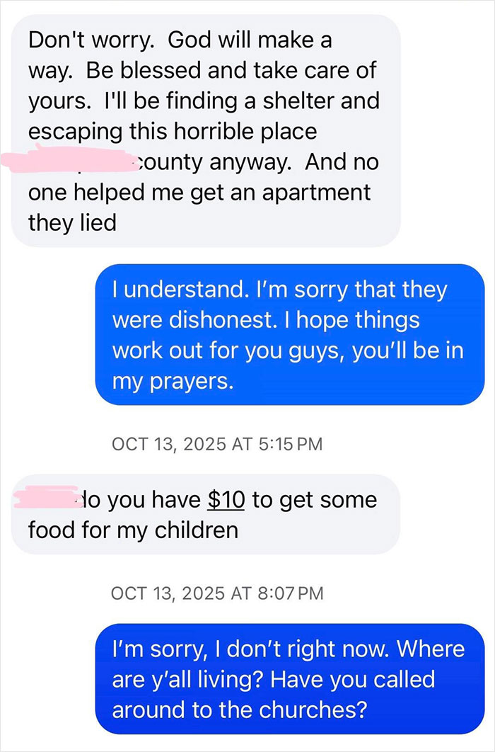 Text message conversation showing a woman offering help to a new friend with kids, reflecting a story about being used.