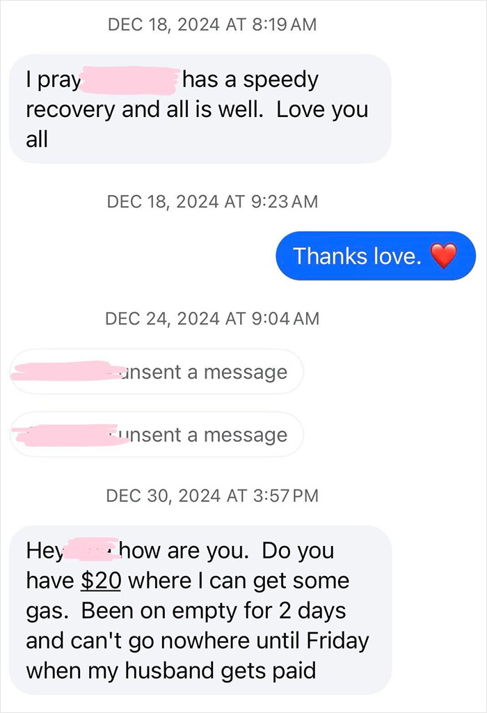 Text message exchange showing a woman offering help but later being asked for money, highlighting being used by a new friend with kids.