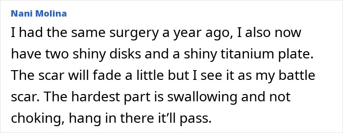 Comment from Nani Molina sharing personal experience with surgery, titanium plate, and recovery tips after hospital stay.