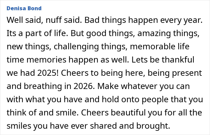 Text message from Denisa Bond reflecting on life&rsquo;s challenges and gratitude as the new year 2026 begins.