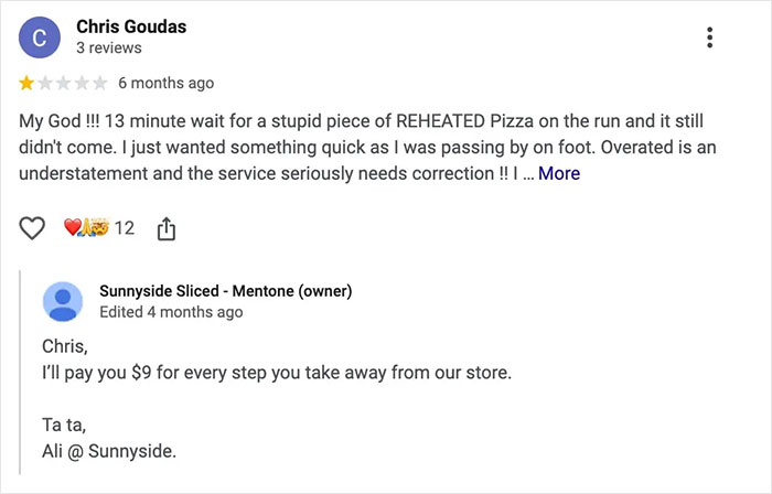 One-star customer review on pizza delivery delay with a salty reply from the pizzeria owner going viral online.