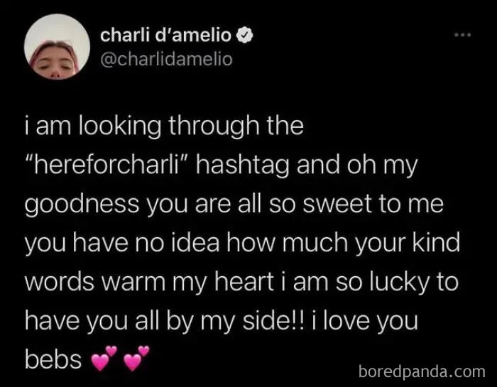 Tweet screenshot from Charli D’Amelio expressing gratitude to fans with kind words, a moment that made people cringe hard.