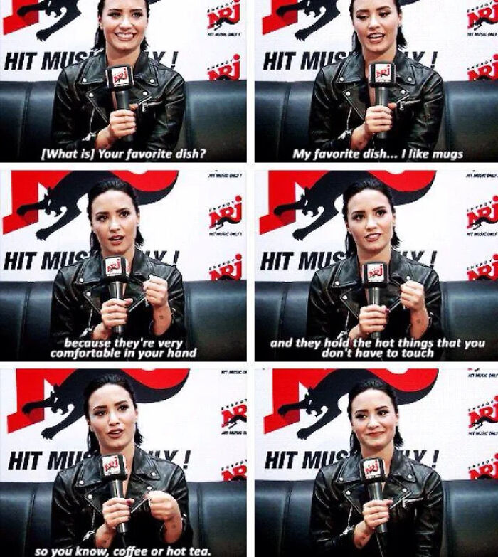 Woman in a leather jacket giving a cringeworthy interview with pop culture moments causing awkward reactions.