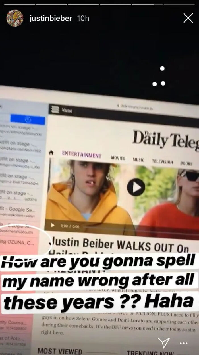 Screenshot of a Daily Telegraph article with Justin Bieber, highlighting a misspelling and pop culture cringe moment.