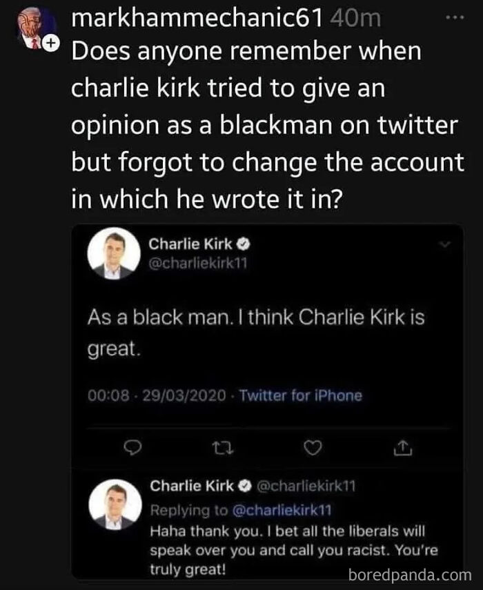 Screenshot of a cringe pop culture moment showing a failed Twitter impersonation attempt by Charlie Kirk.