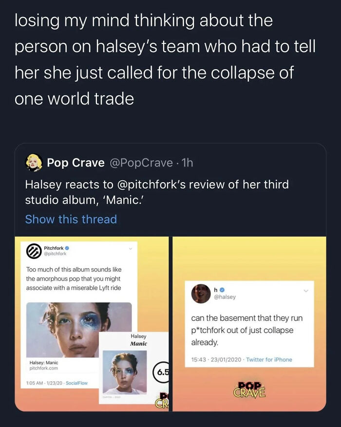 Tweet exchange showing a pop culture cringe moment with Halsey reacting to a critical album review on social media.