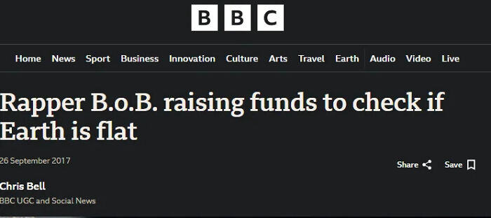 Screenshot of a news headline about rapper B.o.B raising funds to check if Earth is flat, a pop culture cringe moment.