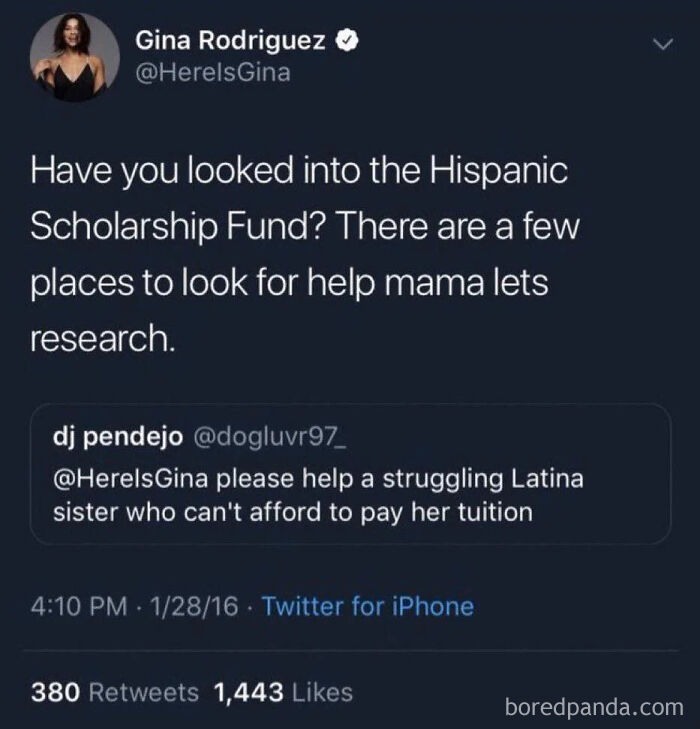Tweet exchange showing a celebrity offering scholarship advice, an example of pop culture moments that made people cringe hard.