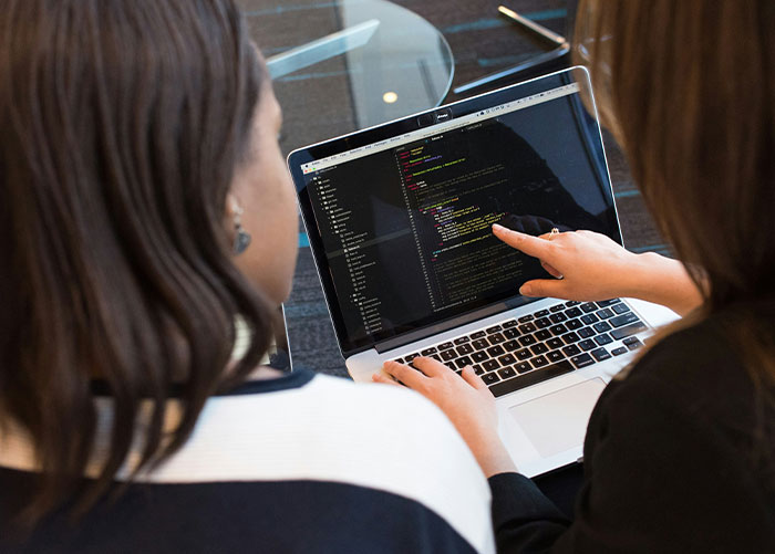 Two professionals reviewing code on a laptop, sharing insights about what the general public doesn’t know about their jobs