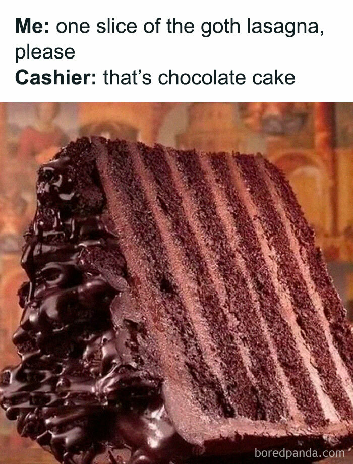 Slice of dark chocolate cake with a caption referencing funny memes that make absolutely no sense and somehow work.