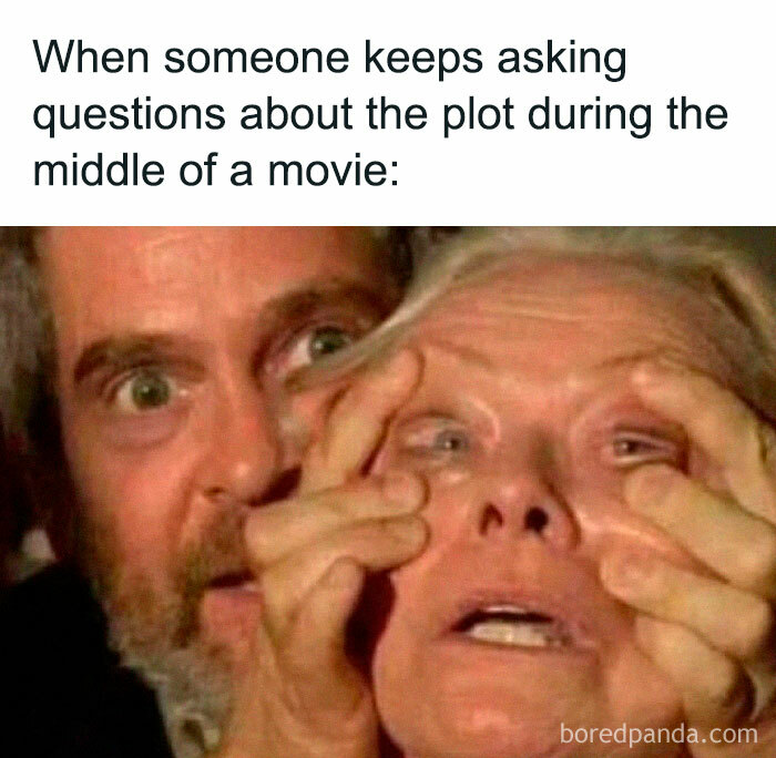 Man holding woman's eyes open with fingers in a funny meme about plot questions, a popular funny memes that make absolutely no sense.