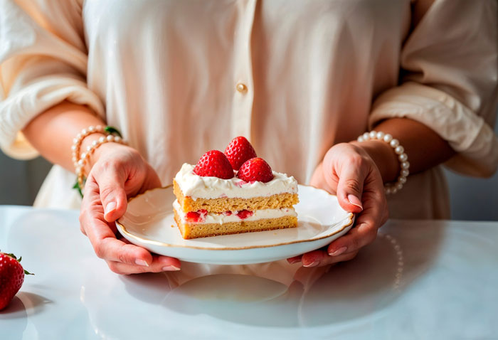 Person holding a plate with strawberry cake, symbolizing refusing to give food to little niece in a home setting