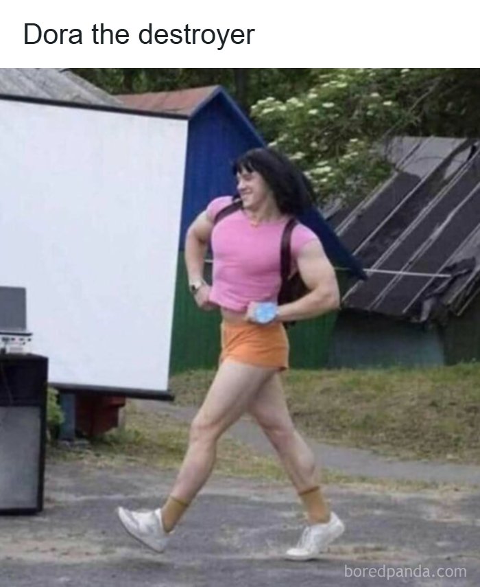 Person with muscular arms wearing a pink top and orange shorts walking confidently in a humorous reality meme.