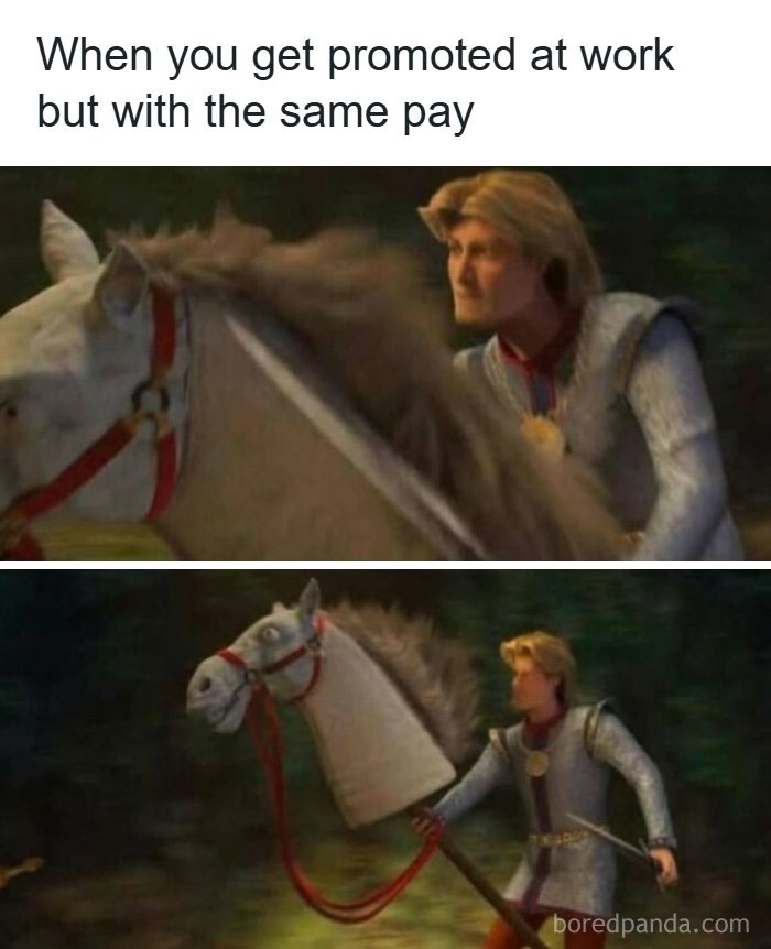 Animated character humor showing a man riding a stick horse with text about getting promoted at work with the same pay.