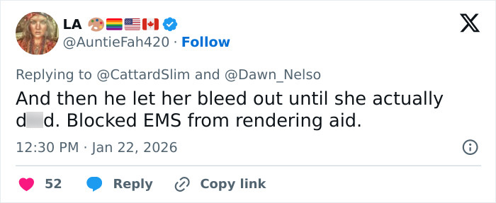 Tweet discussing Renee Good's autopsy revealing harrowing new details about her final moments and blocked EMS aid.