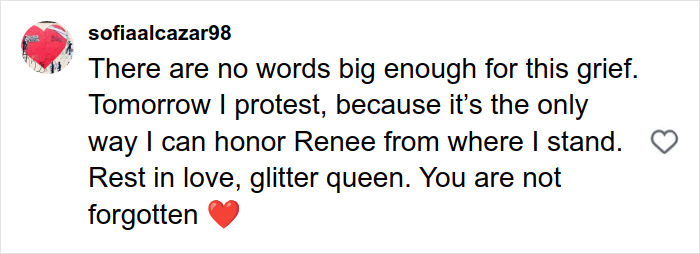 Instagram comment expressing grief and protest in memory of Renee Good, reacting to a fatal ICE incident in the community.