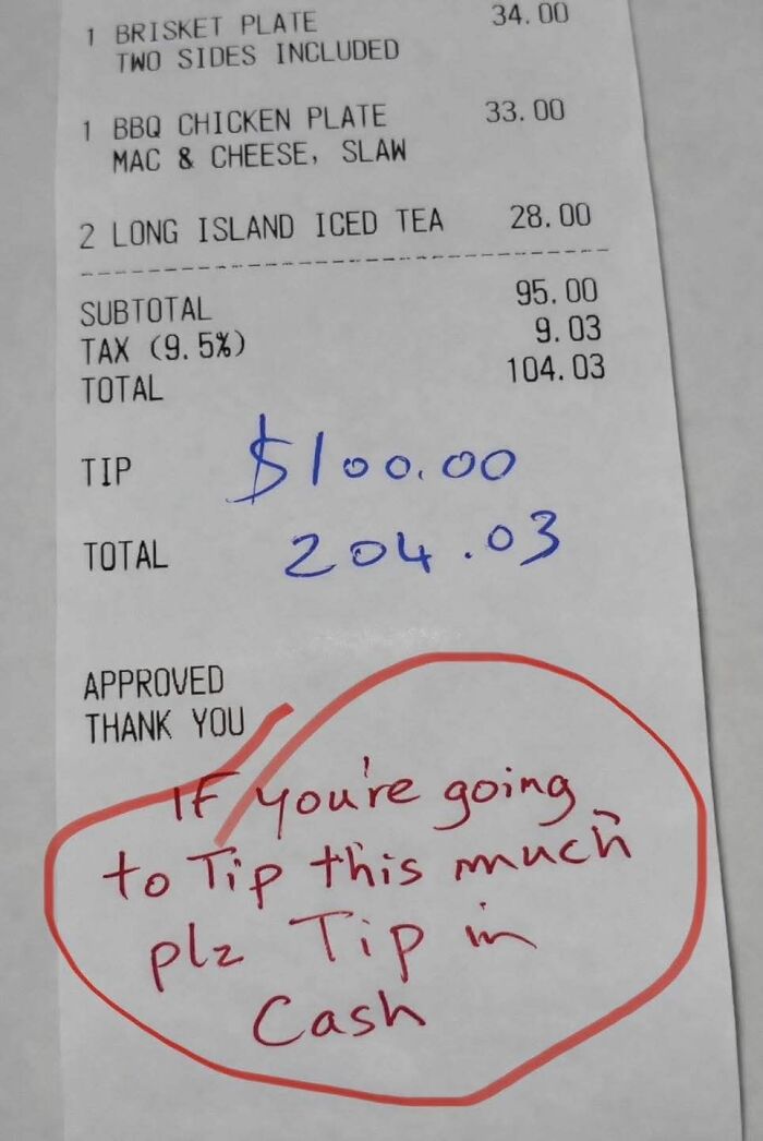 Restaurant receipt with a large tip and a handwritten note about tipping in cash, relatable to restaurant workers and memes.