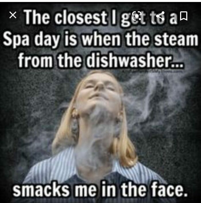 Woman standing with eyes closed as steam hits her face, relatable meme for restaurant workers about dishwasher steam.