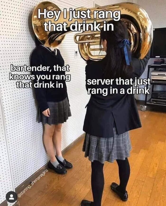 Two girls with tubas, one labeled bartender knowing the drink order, the other server confused, relatable restaurant worker meme.