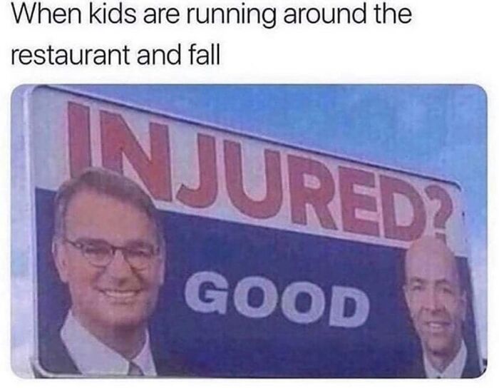 Meme showing a restaurant worker's reaction to kids running and falling, relatable to restaurant workers and memes.