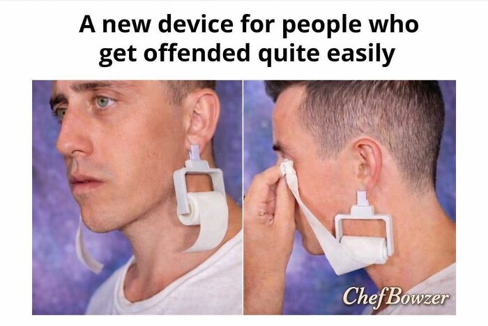 Man wearing a roll of toilet paper as earrings, humorous meme for restaurant workers who get offended easily.