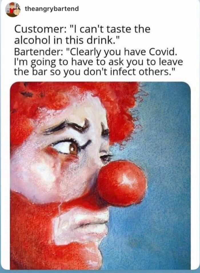 Meme showing a sad clown with a red nose and text about restaurant workers relating to challenging customer interactions.