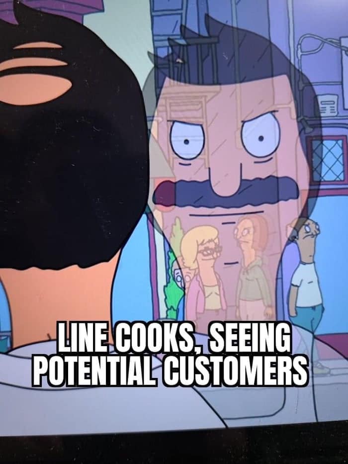 Animated character from a restaurant worker meme reflecting on potential customers, relatable to restaurant workers and their experiences.