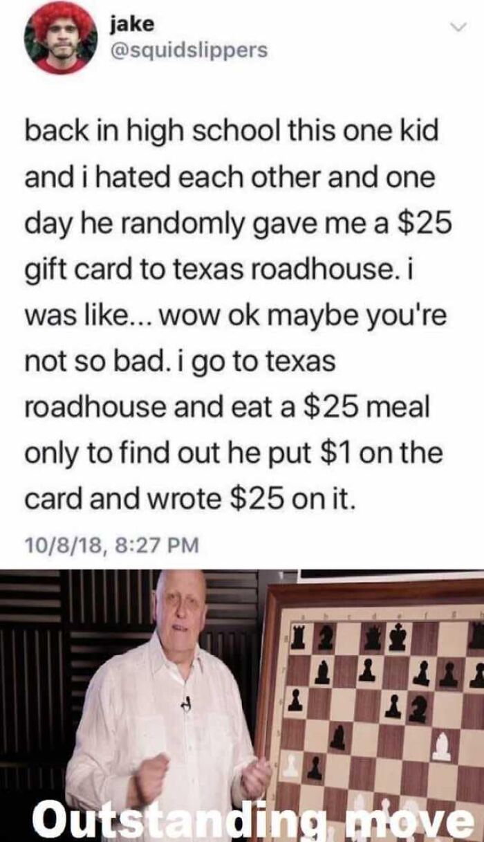 Meme about a tricky gift card prank with a chess player caption, relatable to restaurant workers humor and experiences.