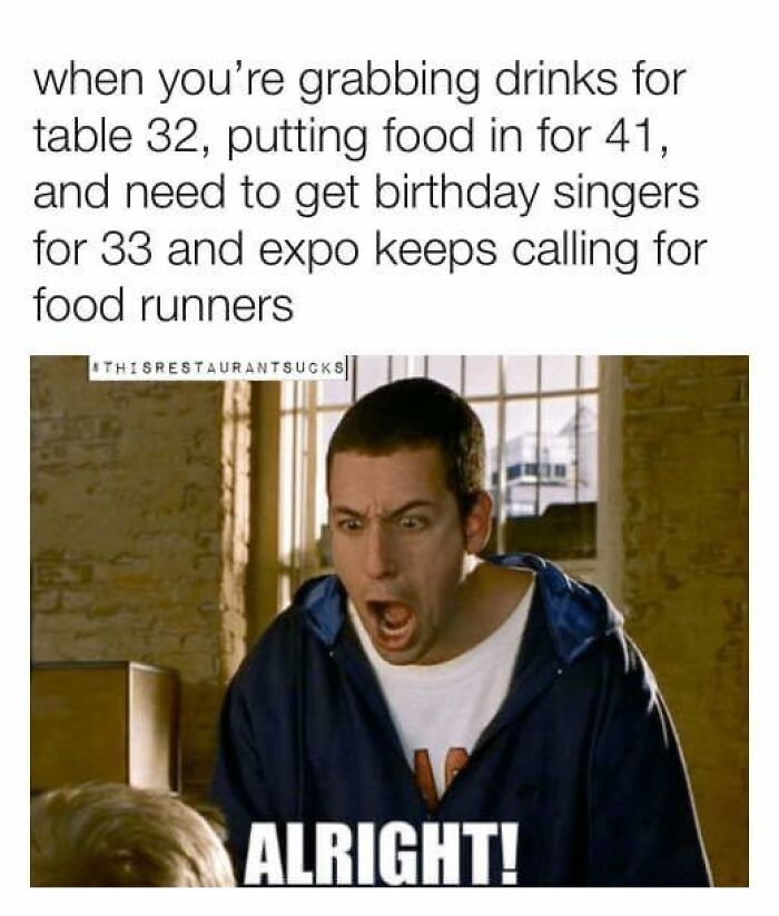 Stressed restaurant worker juggling multiple tasks with frustrated expression, relatable to restaurant workers memes and posts.