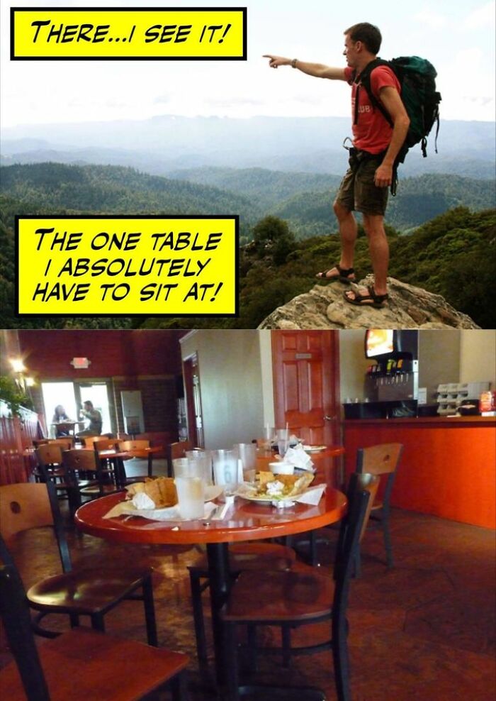 Man hiking points to view with caption about restaurant workers needing to sit at one specific table in a restaurant.