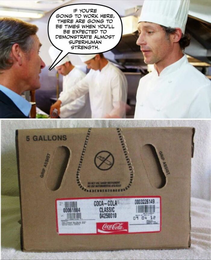 Restaurant workers meme showing kitchen staff and a large Coca-Cola box related to restaurant work struggles.