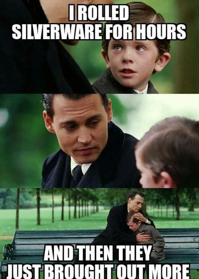 Scene from a movie with a man comforting a crying boy, relatable to restaurant workers and silverware rolling struggles.