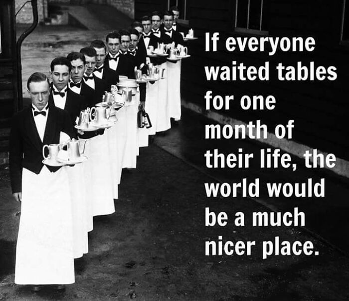 Vintage black and white image of waiters in a line holding trays, related to restaurant workers memes and posts.