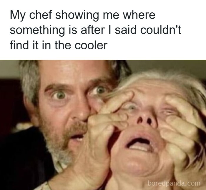 Man intensely showing another person where something is, relatable to restaurant workers in posts and memes.