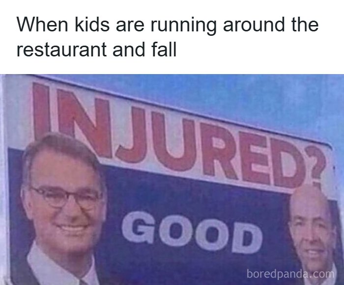 Meme showing a restaurant worker's reaction to kids running and falling, relatable to restaurant workers and memes.