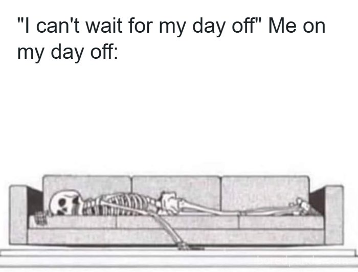 Skeleton lying on a couch exhausted, illustrating relatable humor for restaurant workers in posts and memes.