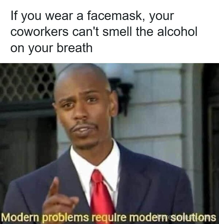 Man in suit pointing with text about facemasks hiding alcohol breath, relating to restaurant workers' modern problems.