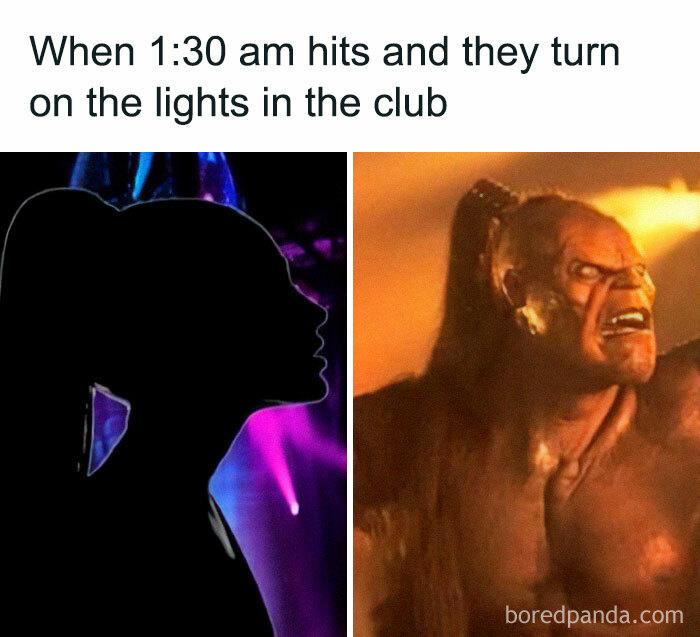 Silhouette of a woman in a club with colorful lights and a confused creature, highlighting random memes humor.