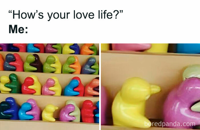 Colorful random memes showing small clay figures hugging and a close-up of one figure looking shy or sad.