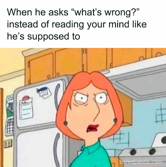 Angry cartoon woman in kitchen reacting humorously to a relatable situation in random memes collection.