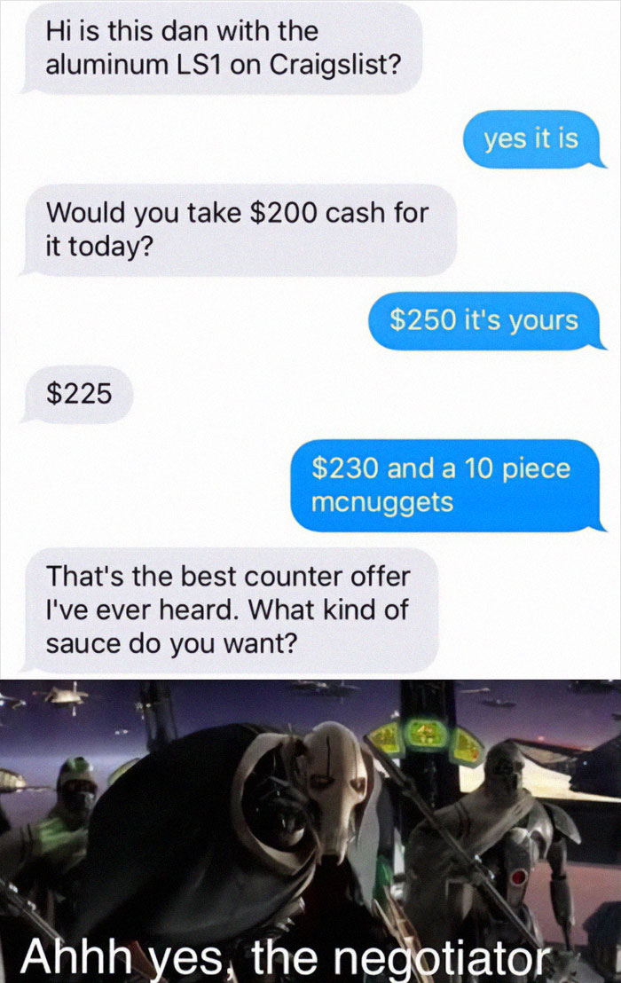 Text conversation humorously negotiating a price with meme characters in a scene captioned negotiator, random memes funny.