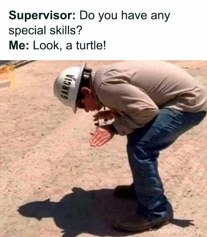 Man in a hard hat mimics a turtle using his hands with a funny caption about special skills random memes humor.