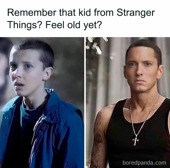 Side-by-side images of a Stranger Things kid and a grown man meme showing unexpected funny transformation.