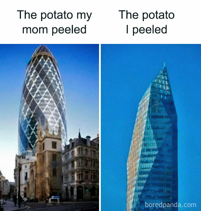 Comparison meme showing two buildings with captions about potatoes peeled by mom versus peeled by self, illustrating random funny memes.