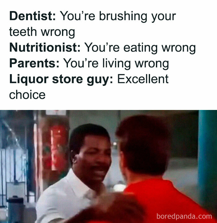 Man in white shirt reassuring another man in red shirt with funny captions about being wrong by dentist, nutritionist, and parents.