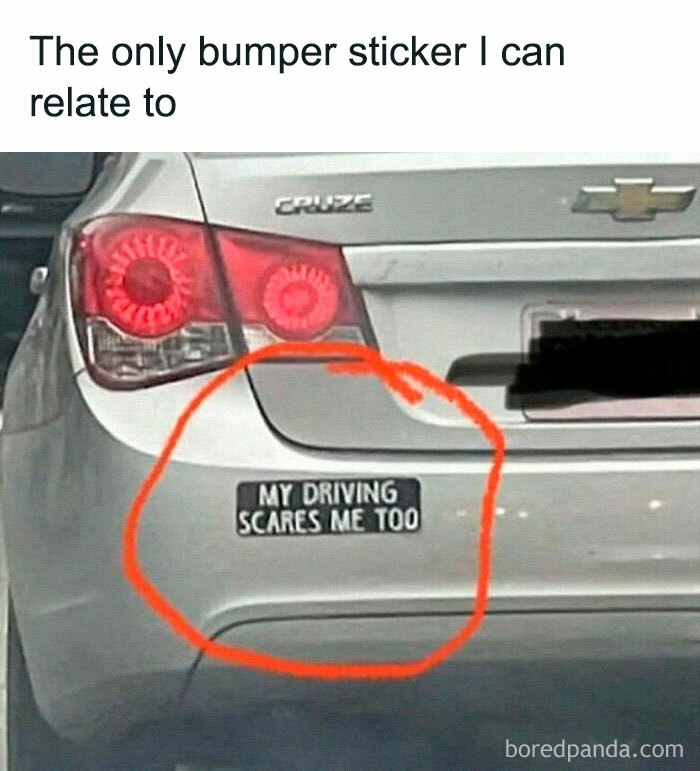 Car rear with a humorous bumper sticker saying my driving scares me too, featured in random memes collection.