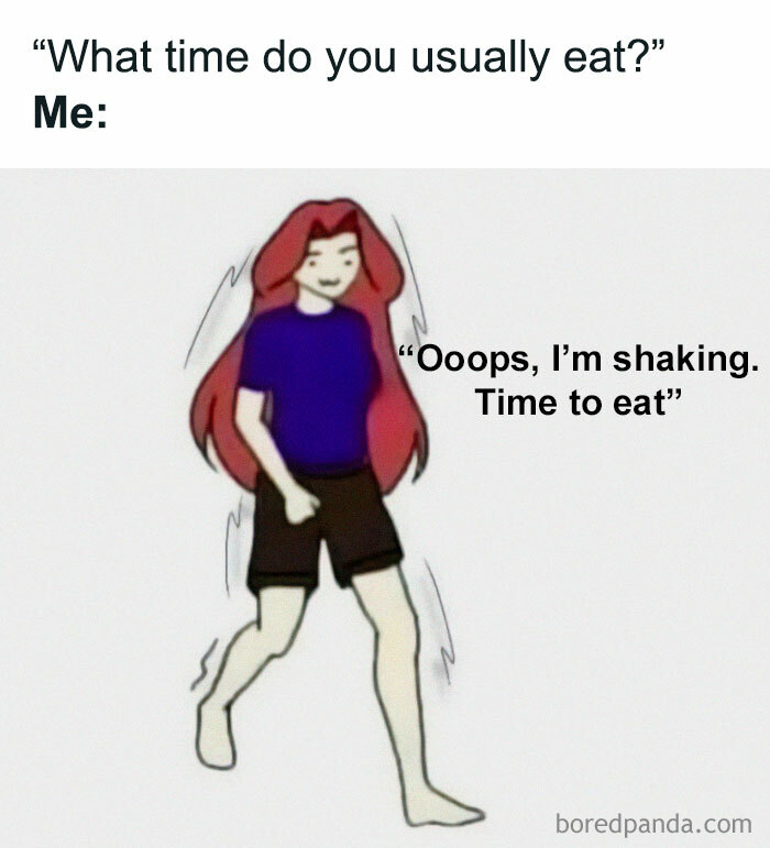 Cartoon of a person shaking and saying time to eat, showing humor from random memes that are funny and relatable.