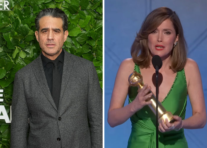 Actor in a gray suit and woman in a green dress holding a trophy during awkward moments at the 2026 Golden Globes awards.