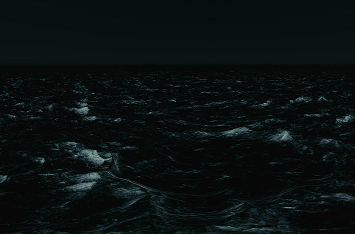 Dark turbulent ocean at night, eerie waves evoking a traumatized feeling and unsettling mood.