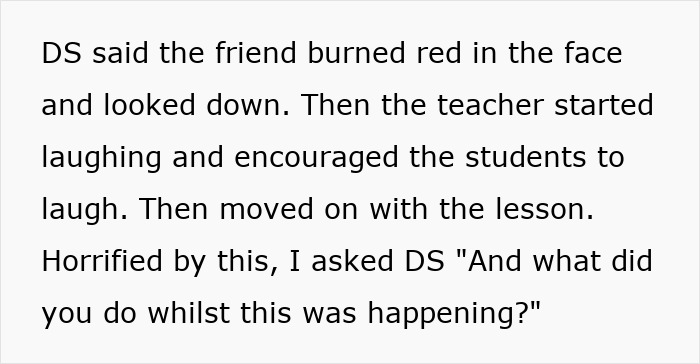 Text excerpt describing a teacher encouraging group shaming as a student looks embarrassed and a parent feels horrified.